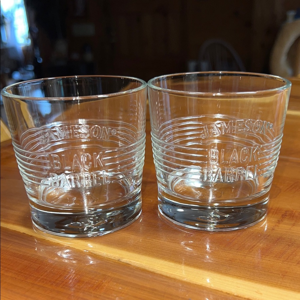 Jameson Black Barrel Low Ball Double Old Fashion Rocks Glasses Raised Lettering